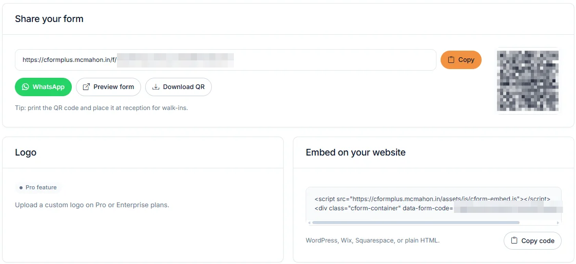 The Share-your-form card in the Form C Plus dashboard: copy link, WhatsApp button and a printable QR code