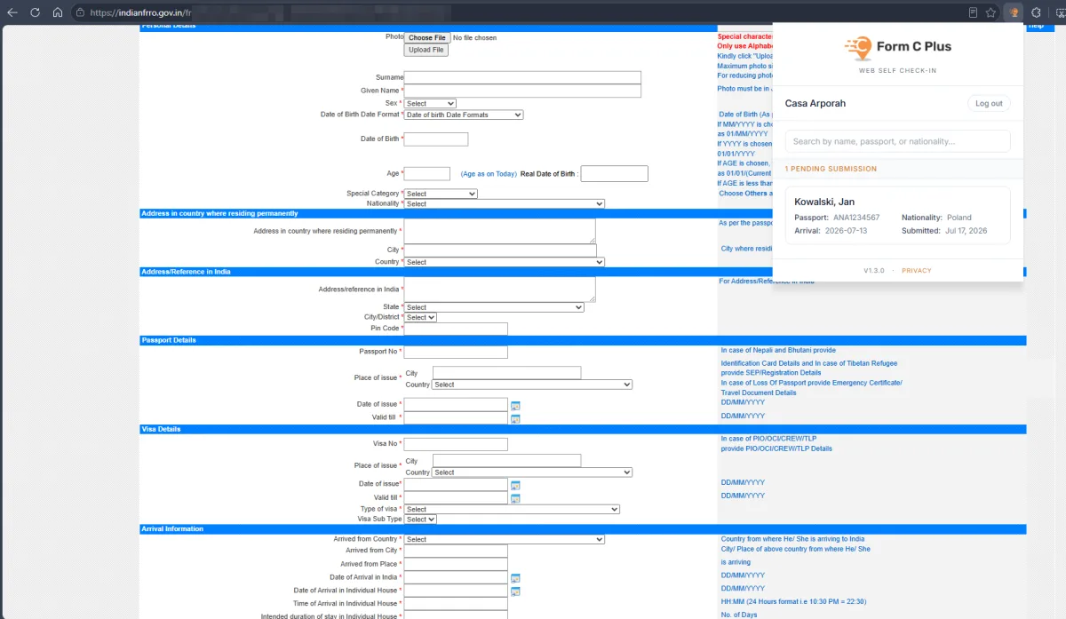 The Form C Plus extension open over the FRRO portal, with a pending guest submission ready to file