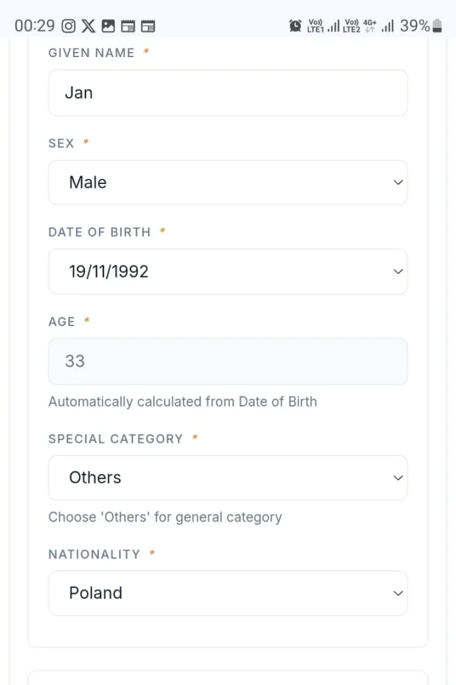 The guest Form C open on a phone, with name, date of birth and nationality already filled in